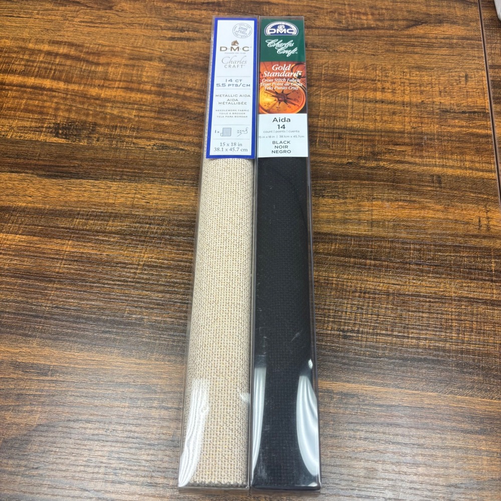 DMC Charles Craft Aida Cloth 14 Count 15x18 Black and Metallic Gold Set of 2